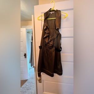 Olive silk mini dress with luxurious sexy ruffled collar.